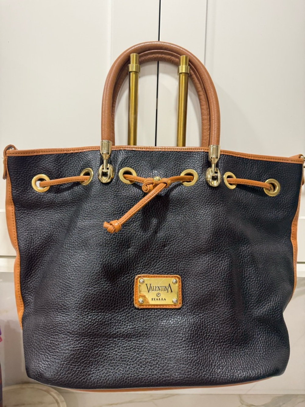 Valentina Black Tote with Tan Trim and Gold Hardware
